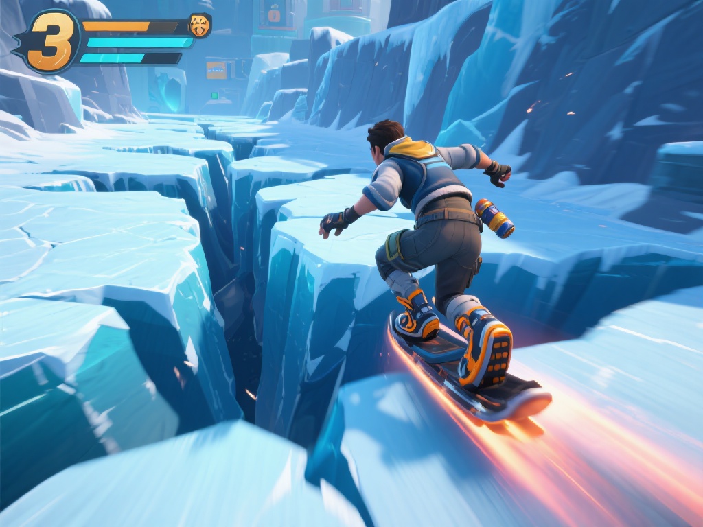 以游戏中的第三关为例，这一关的难点在于冰川裂缝区域